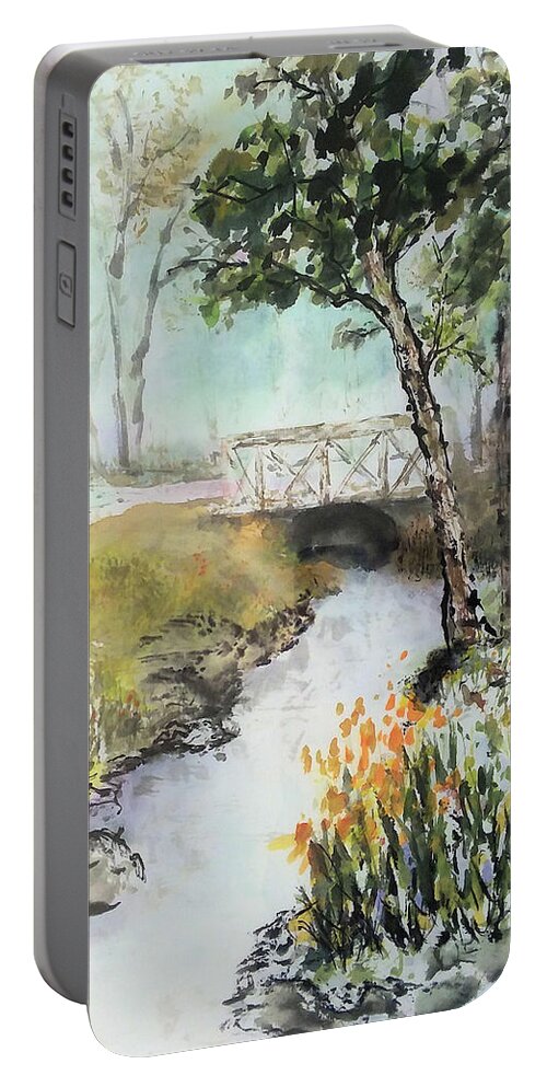 Watercolor Portable Battery Charger featuring the painting Along the Creek by Laurie Samara-Schlageter