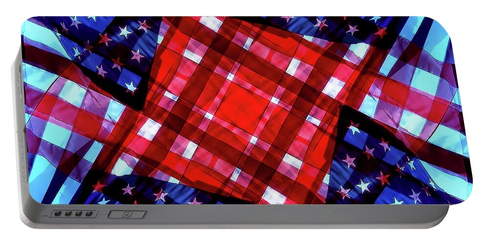 Kaleidoscope Portable Battery Charger featuring the digital art American Flag Kaleidoscope by D Hackett