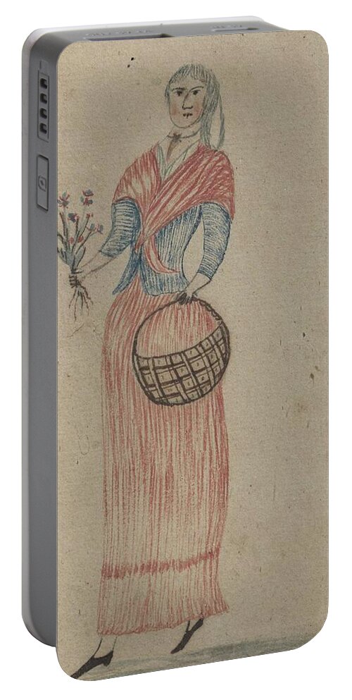 Girl Portable Battery Charger featuring the painting American School, 19th Century MINIATURE PORTRAIT OF A FARM GIRL WITH FLOWERS AND GATHERING BASKET by MotionAge Designs