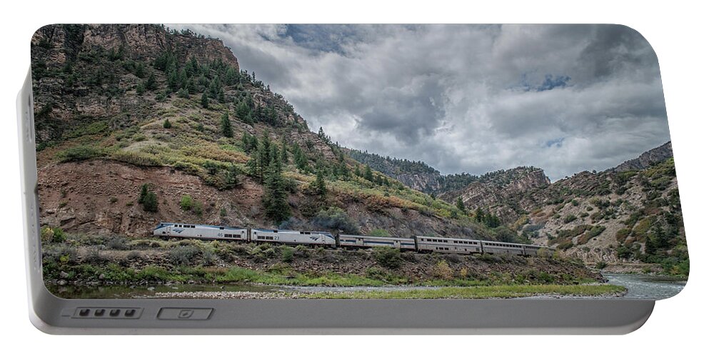 Railroad Portable Battery Charger featuring the photograph Amtrak Train 6, California Zephyr heads along the Colorado River by Jim Pearson