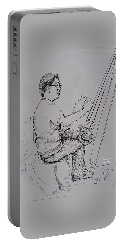 Artist Portable Battery Charger featuring the drawing An Artist With the Chinese Brush by Sukalya Chearanantana
