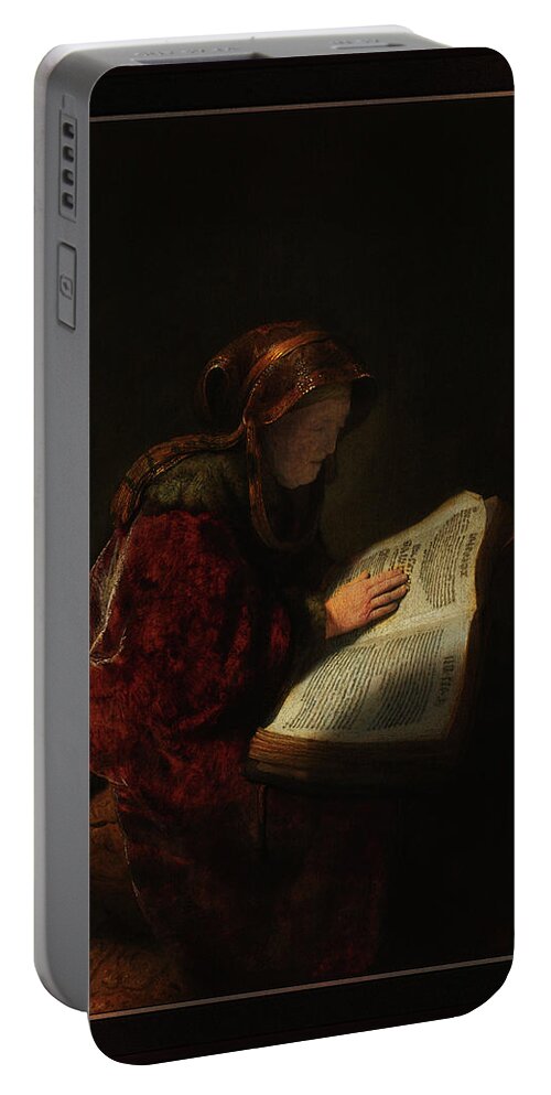 An Old Woman Reading Portable Battery Charger featuring the painting An Old Woman Reading by Rembrandt van Rijn by Rolando Burbon