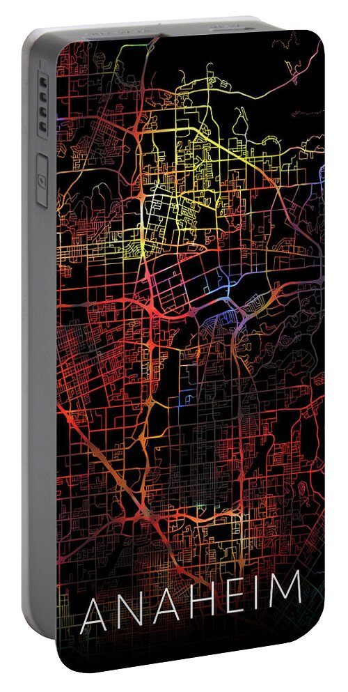 Anaheim Portable Battery Charger featuring the mixed media Anaheim California Watercolor City Street Map Dark Mode by Design Turnpike