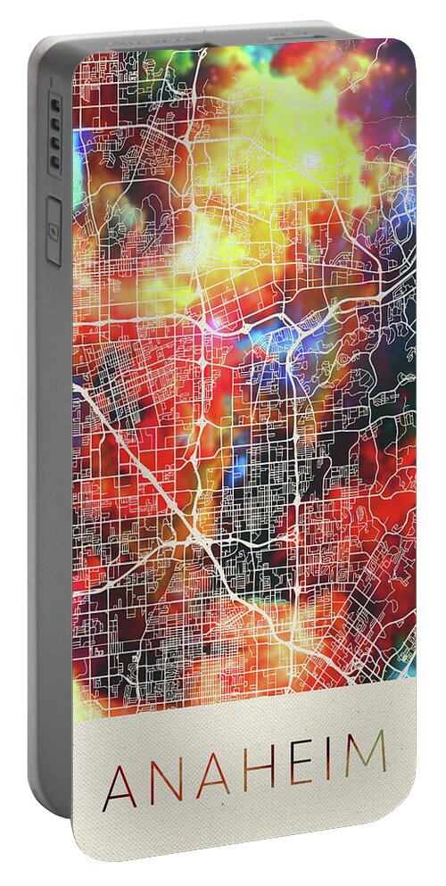 Anaheim Portable Battery Charger featuring the mixed media Anaheim California Watercolor City Street Map by Design Turnpike