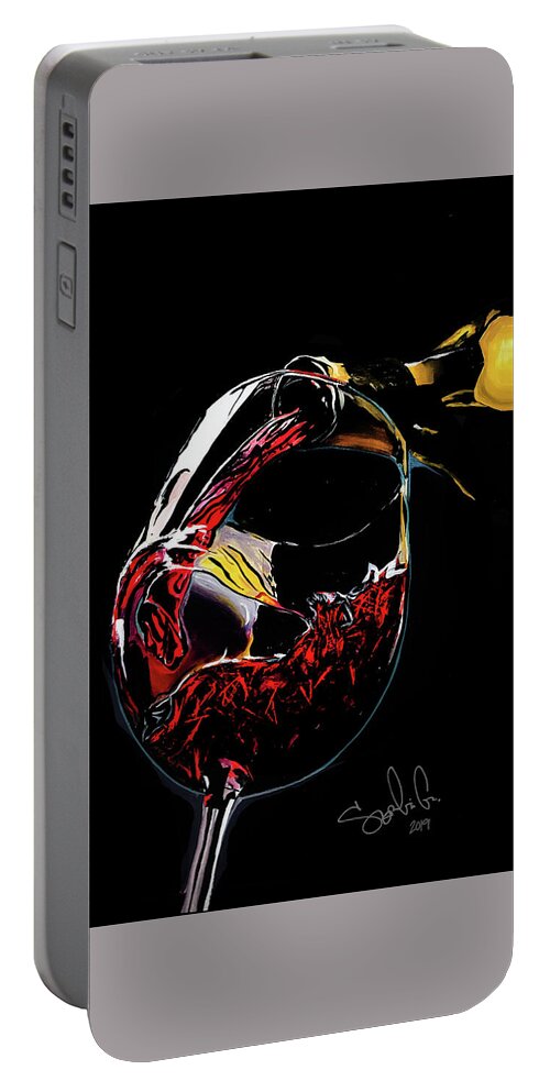 Wine Bottle Drink Relax Nighttime Night Red Wine Bar Bartender Drink Pour Colorful Colors Contrast Portable Battery Charger featuring the painting Another Pour by Sergio Gutierrez