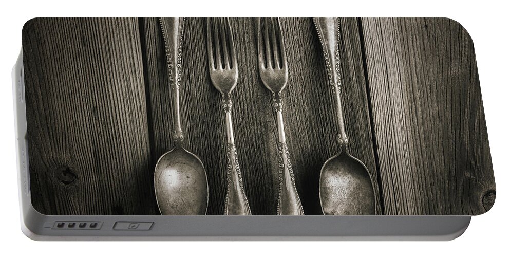 Cutlery Portable Battery Charger featuring the photograph Antique Silver Tableware by Tom Mc Nemar