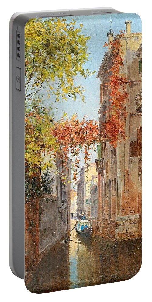 Nature Portable Battery Charger featuring the painting Antonietta Brandeis Myslkovice 1849-1910 Venice A canal in Venice with a view of Palazzo Albrizzi by Antonietta Brandeis
