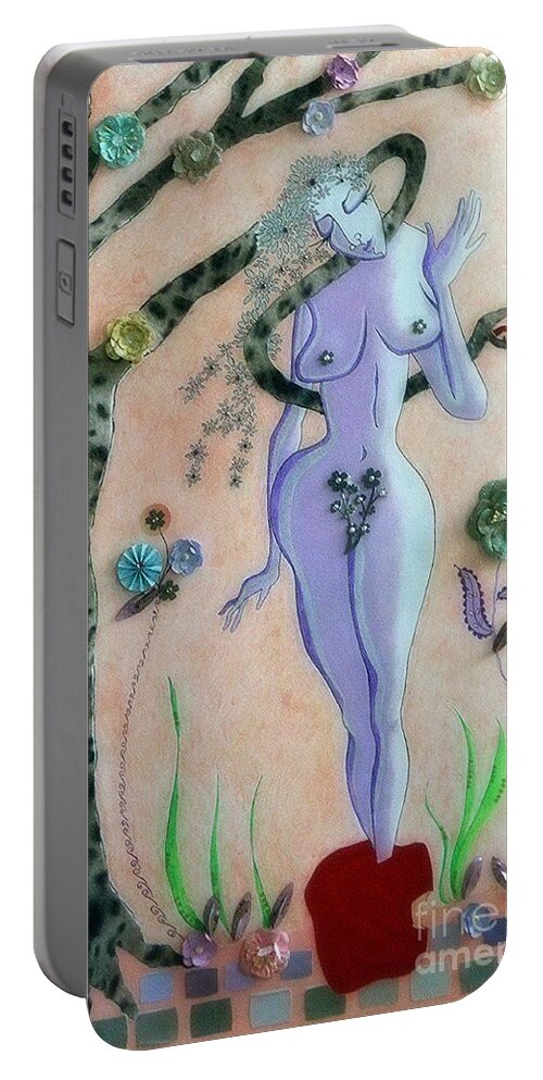 Eve Portable Battery Charger featuring the mixed media Apple, Snake, Woman -- Eve in Garden of Eden, #4 in Famous Flirts Series by Jayne Somogy