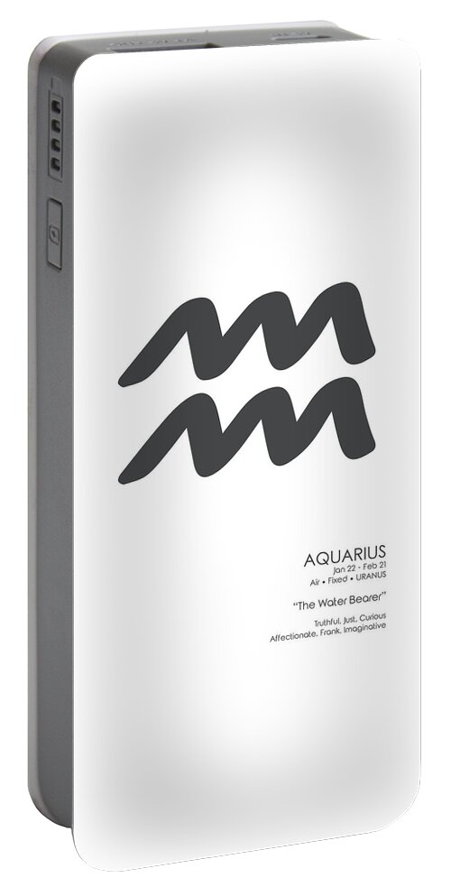 Aquarius Portable Battery Charger featuring the mixed media Aquarius Print - Zodiac Signs Print - Zodiac Posters - Aquarius Poster - Black and White by Studio Grafiikka