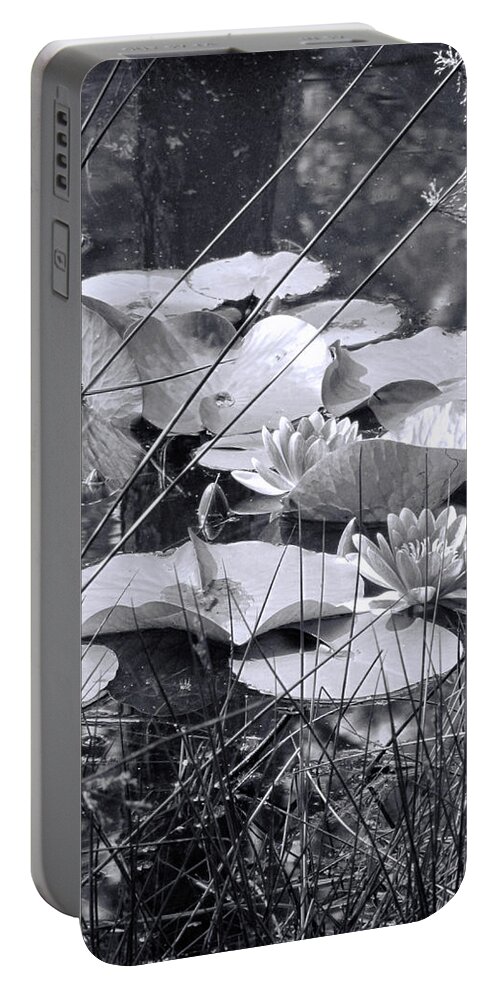 Waterlilies Portable Battery Charger featuring the photograph Aquatic Beauty in Black and White by Kathy Clark