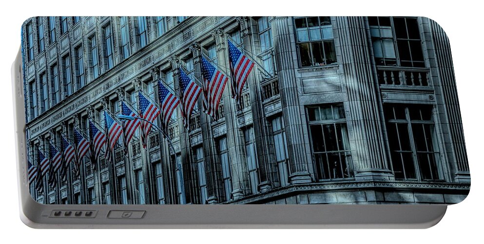 Nyc Portable Battery Charger featuring the photograph Architecture NYC American Flags by Chuck Kuhn