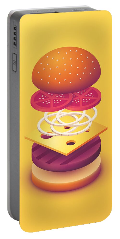 Burger Portable Battery Charger featuring the digital art Burger Isometric Deconstructed - Yellow by Organic Synthesis
