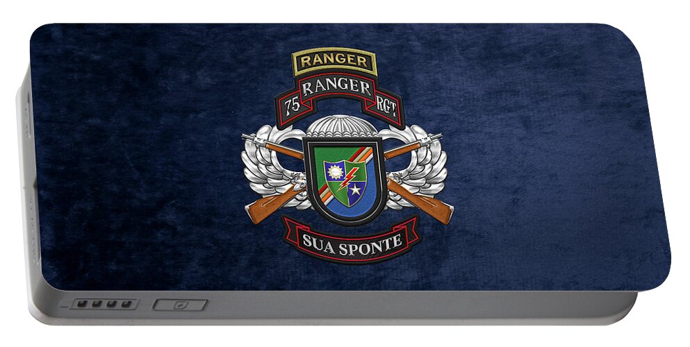  Military Insignia & Heraldry By Serge Averbukh Portable Battery Charger featuring the digital art 75th Ranger Regiment - Army Rangers Special Edition over Blue Velvet by Serge Averbukh