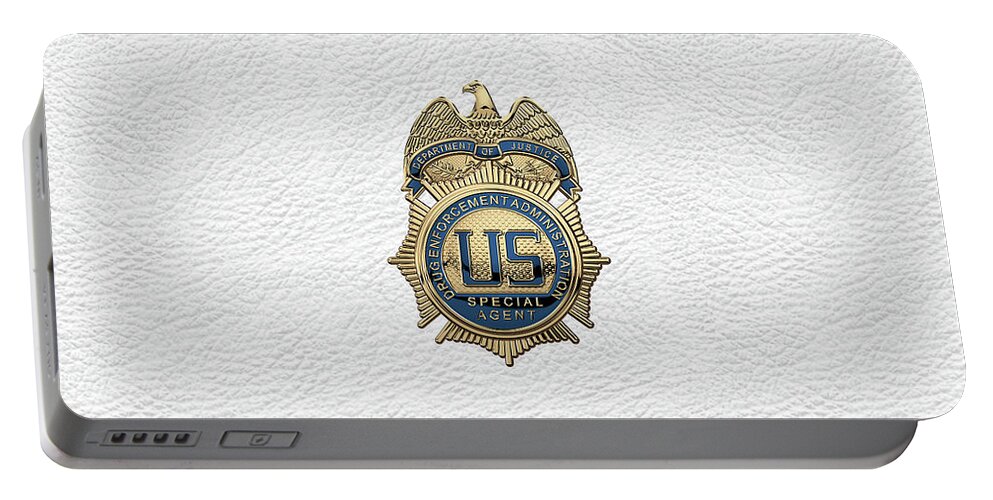  ‘law Enforcement Insignia & Heraldry’ Collection By Serge Averbukh Portable Battery Charger featuring the digital art Drug Enforcement Administration - D E A Special Agent Badge over White Leather by Serge Averbukh