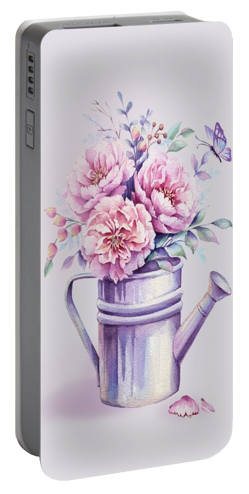 Watercolour Peony Portable Battery Charger featuring the painting Pink Peonies Blooming Watercolour by Georgeta Blanaru