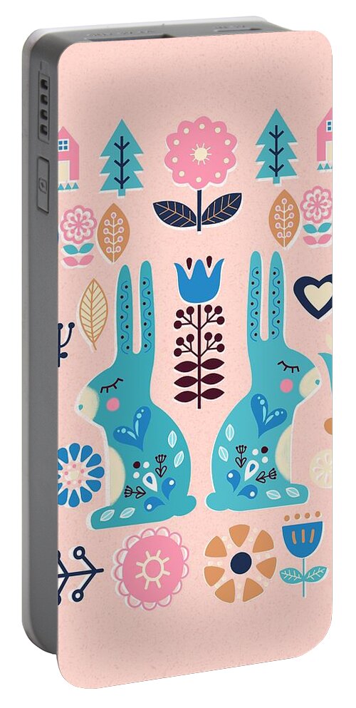 Bunny Portable Battery Charger featuring the painting Soft And Sweet Scandinavian Bunny Rabbit Folk Art by Little Bunny Sunshine