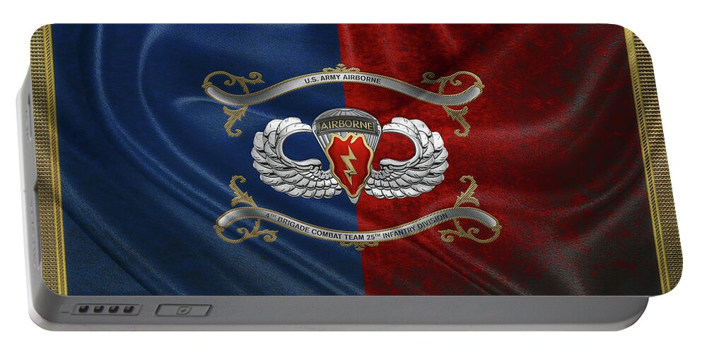 Military Insignia & Heraldry By Serge Averbukh Portable Battery Charger featuring the digital art 4th Brigade Combat Team 25th Infantry Division Airborne Insignia with Parachutist Badge over Flag by Serge Averbukh