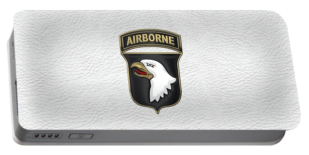 Military Insignia & Heraldry By Serge Averbukh Portable Battery Charger featuring the digital art 101st Airborne Division - 101st A B N Insignia over White Leather by Serge Averbukh