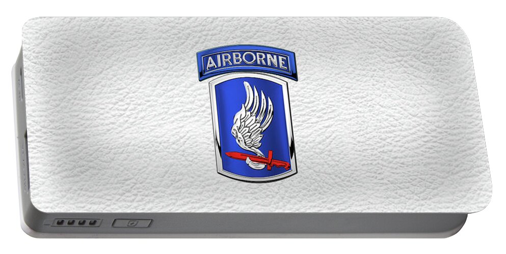 Military Insignia & Heraldry By Serge Averbukh Portable Battery Charger featuring the digital art 173rd Airborne Brigade Combat Team - 173rd A B C T Insignia over White Leather by Serge Averbukh