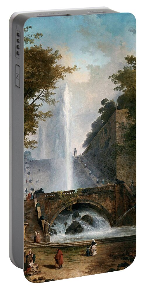 Stair And Fountain Portable Battery Charger featuring the painting Stair and Fountain in the Park of a Roman Villa by Rolando Burbon