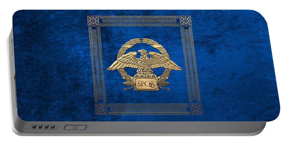 ‘treasures Of Rome’ Collection By Serge Averbukh Portable Battery Charger featuring the digital art Roman Empire - Gold Roman Imperial Eagle over Blue Velvet by Serge Averbukh