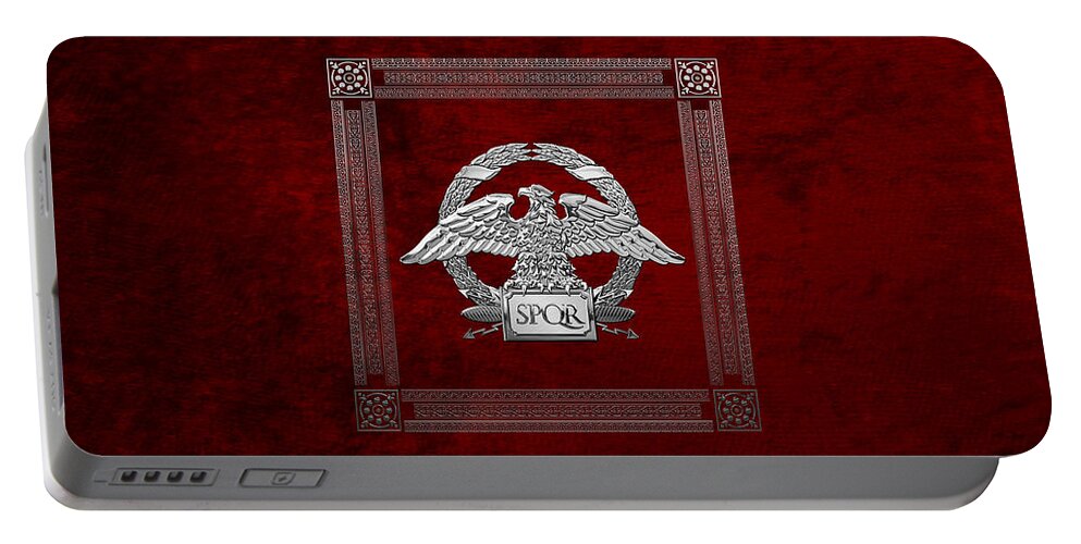 ‘treasures Of Rome’ Collection By Serge Averbukh Portable Battery Charger featuring the digital art Roman Empire - Silver Roman Imperial Eagle over Red Velvet by Serge Averbukh