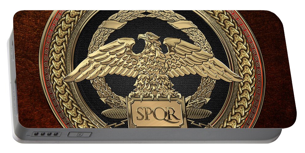 ‘treasures Of Rome’ Collection By Serge Averbukh Portable Battery Charger featuring the digital art Gold Roman Imperial Eagle over Black and Gold Medallion on Brown Leather by Serge Averbukh