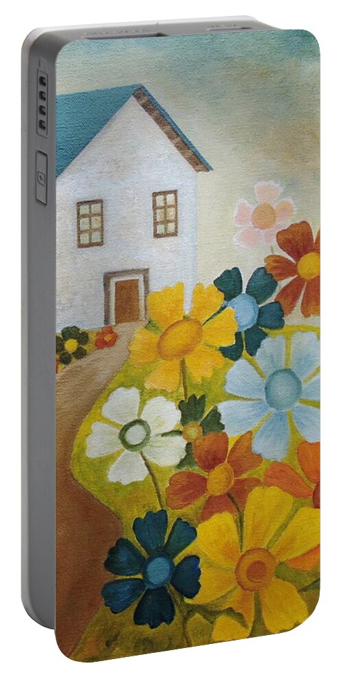Villa Portable Battery Charger featuring the painting Fenced By The Joy by Angeles M Pomata