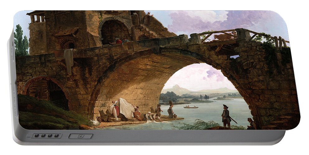 The Ponte Salario Portable Battery Charger featuring the painting The Ponte Salario by Hubert Robert by Rolando Burbon
