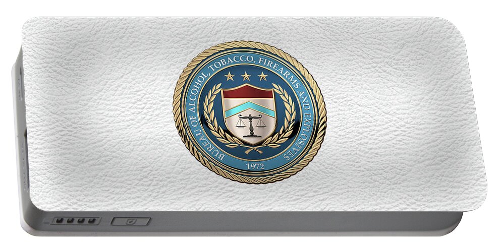  ‘law Enforcement Insignia & Heraldry’ Collection By Serge Averbukh Portable Battery Charger featuring the digital art The Bureau of Alcohol, Tobacco, Firearms and Explosives - A T F Seal over White Leather by Serge Averbukh