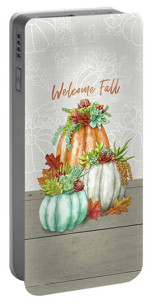 Welcome Fall Portable Battery Charger featuring the painting Welcome Fall Succulent Pumpkin Arrangement by Jen Montgomery by Jen Montgomery