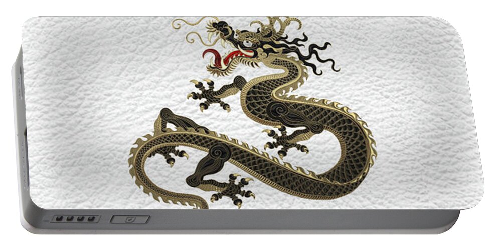 ‘the Great Dragon Spirits’ Collection By Serge Averbukh Portable Battery Charger featuring the digital art Black and Gold Sacred Eastern Dragon over White Leather by Serge Averbukh