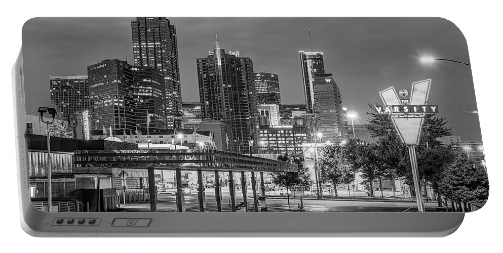 America Portable Battery Charger featuring the photograph Atlanta Skyline Over the Varsity - Monochrome Edition by Gregory Ballos