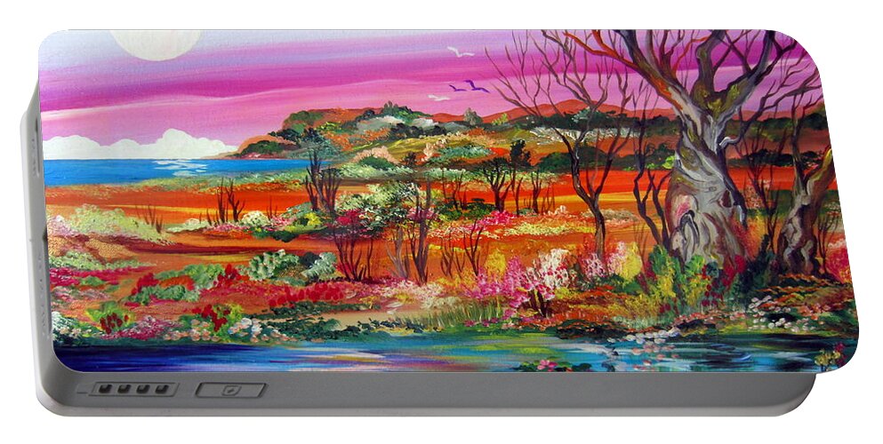 Australian Portable Battery Charger featuring the painting Australian Billabong under the moonight by Roberto Gagliardi