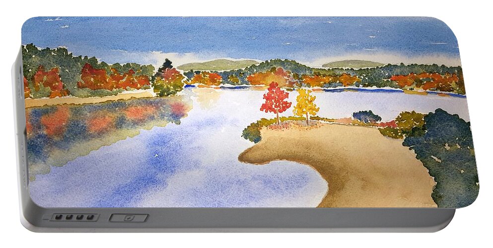 Watercolor Portable Battery Charger featuring the painting Autumn Shore Lore by John Klobucher