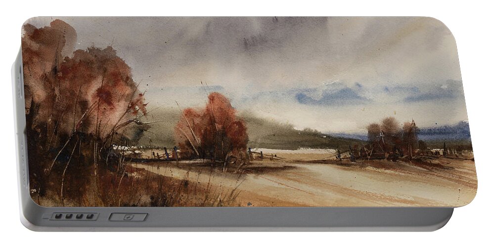 Art Portable Battery Charger featuring the painting Autumn Sky on the Lane by Judith Levins