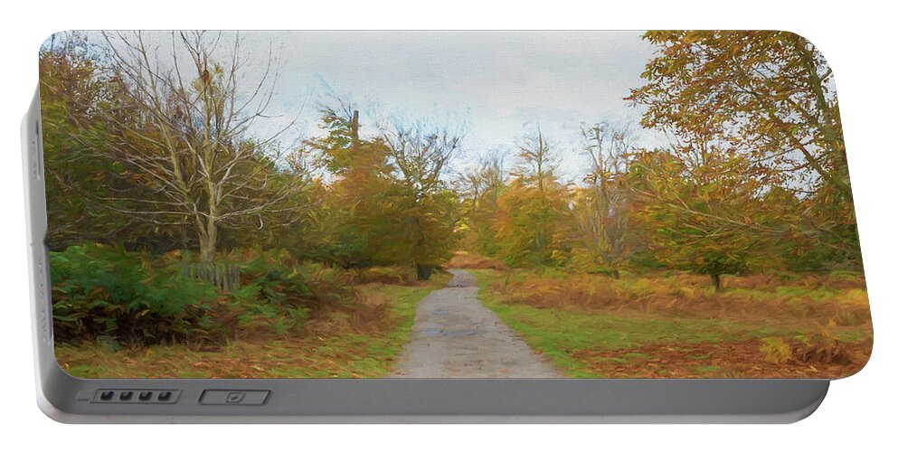 England Portable Battery Charger featuring the digital art Autumn Woodland Road by Roy Pedersen