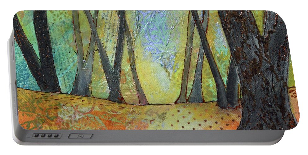 Autumn Fall Trees Tree Forest Season Seasons October Orange Rust Celadon Bark Silhouette Barren Patchwork Seasonal Warm Pumpkin Cool Yellow Portable Battery Charger featuring the painting Autumn's Arrival II by Shadia Derbyshire