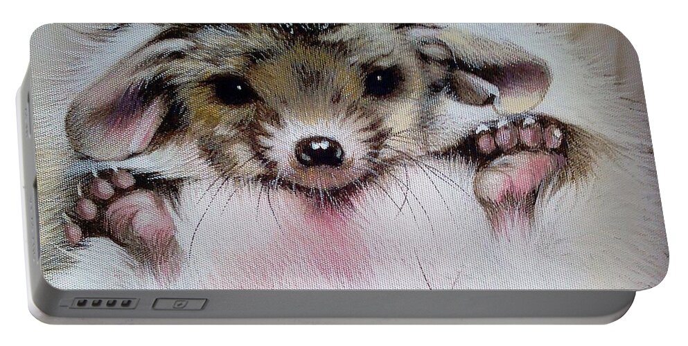 Russian Artists New Wave Portable Battery Charger featuring the painting Awakened Baby Hedgehog by Alina Oseeva