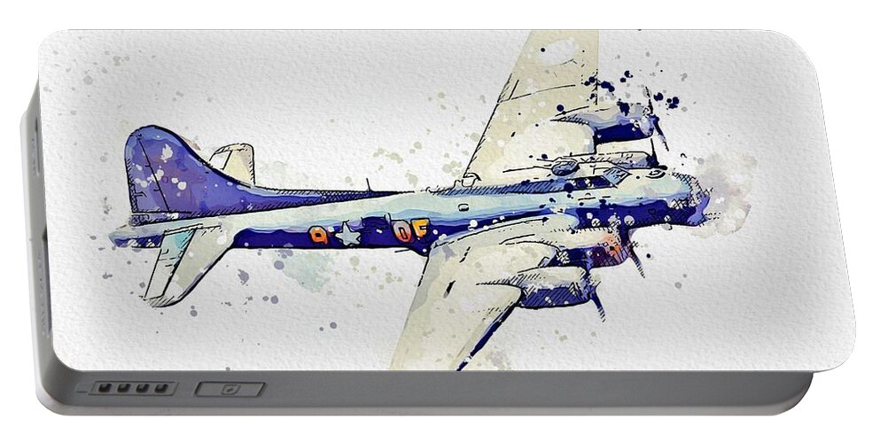 Plane Portable Battery Charger featuring the painting B-17 Flying Fortress watercolor by Ahmet Asar by Celestial Images