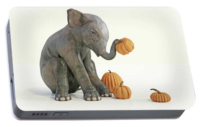 Elephant Portable Battery Charger featuring the digital art Baby Elephant and Pumpkins by Betsy Knapp