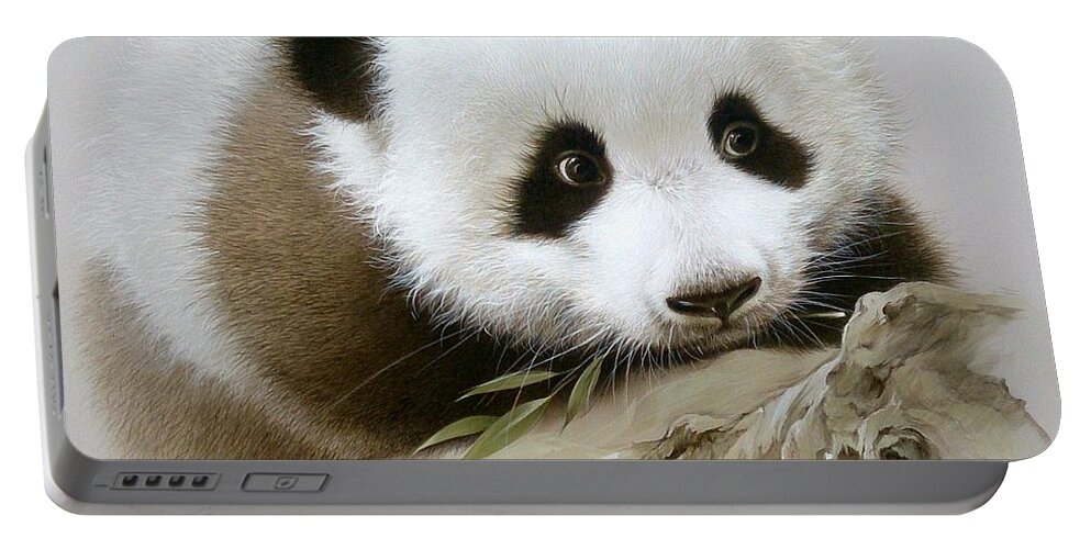 Russian Artists New Wave Portable Battery Charger featuring the painting Baby Panda with Bamboo Leaves by Alina Oseeva