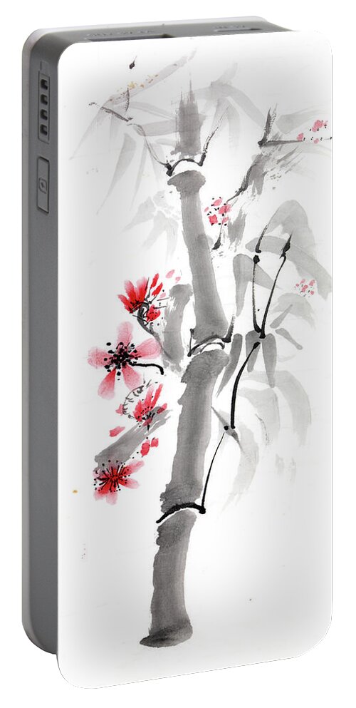 Bamboo Ink Chinese Painting Red Flowers Portable Battery Charger featuring the painting Bamboo by Gloria Newlan