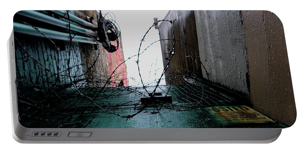 Seattle Portable Battery Charger featuring the photograph Barbed Wire City Scene by Cathy Anderson