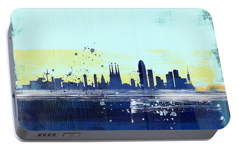 Barcelona Portable Battery Charger featuring the mixed media Barcelona Abstract Skyline by Naxart Studio