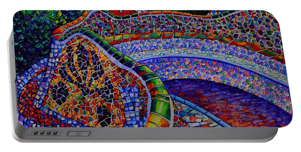 Barcelona Portable Battery Charger featuring the painting BARCELONA PARK GUELL SUNRISE modern impressionist impasto knife oil painting Ana Maria Edulescu by Ana Maria Edulescu
