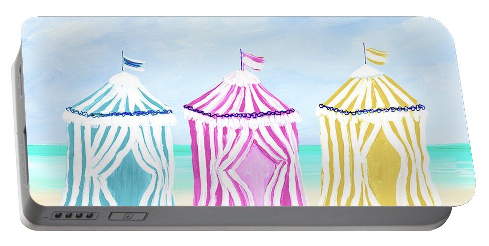 Beach Portable Battery Charger featuring the painting Beach Cabanas by Julie Derice