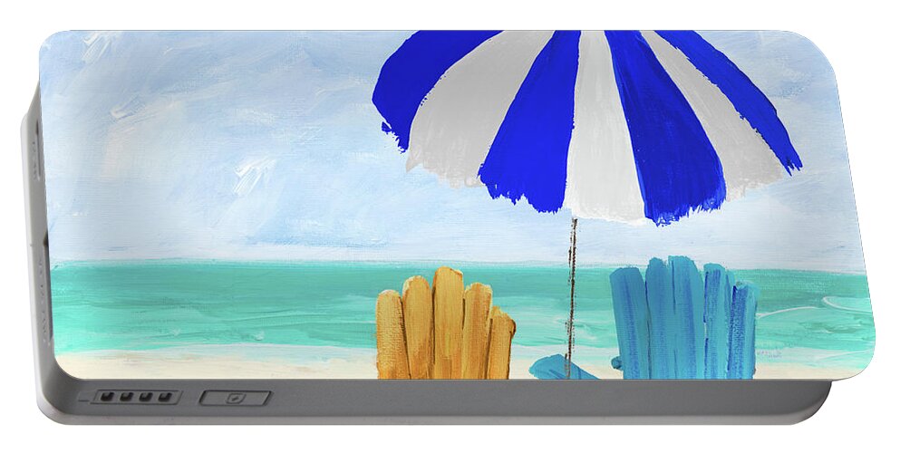 Beach Portable Battery Charger featuring the painting Beach Chairs With Umbrella by South Social D