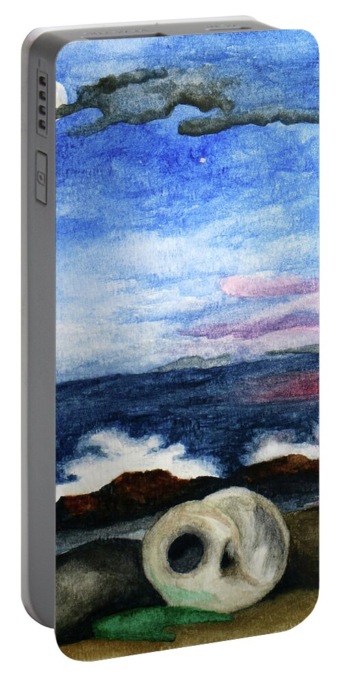 Watercolor Portable Battery Charger featuring the painting Beach Debris with Waves by Robert Morin