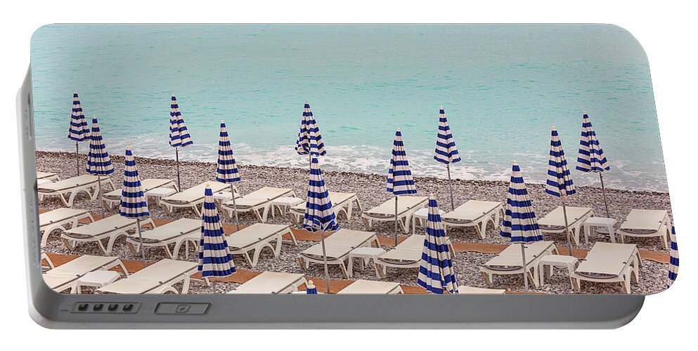 Beach Umbrellas In Nice Portable Battery Charger featuring the photograph Beach Umbrellas in Nice by Melanie Alexandra Price
